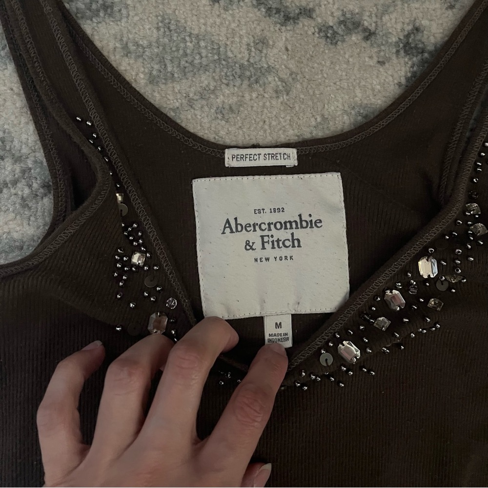 VTG Y2K Abercrombie & Fitch Long Beaded Stretch Tank Top M Brown Elena Gilbert - Picture 4 of 7